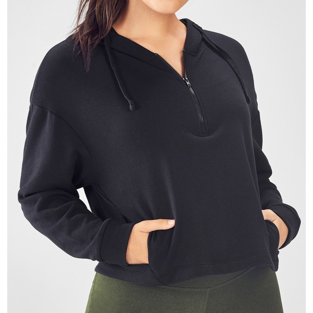 Fabletics Hoodie Large Black Quarter Zip Pullover Sweatshirt Cropped Drawstring